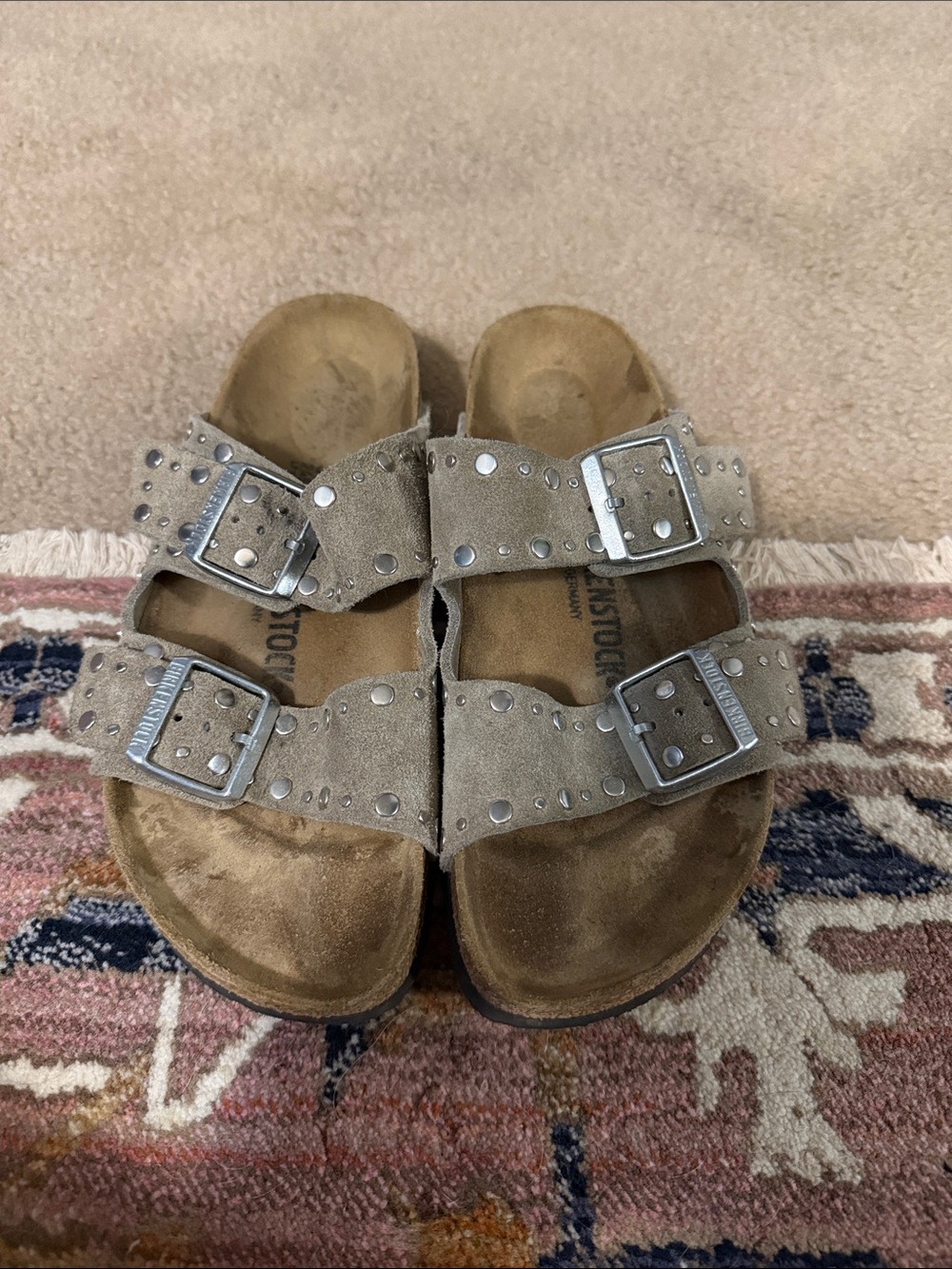 Birkenstock Taupe Suede Studded Two-Strap Sandals